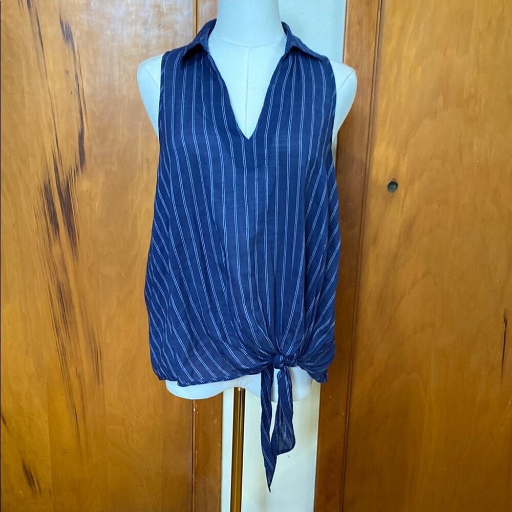 Blue White Striped Tie Front Blouse Sleeveless Notched Collar Nautical Coastal